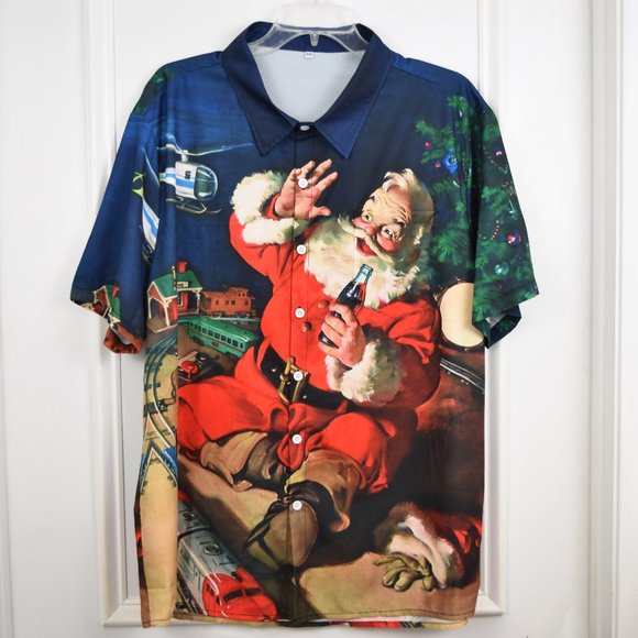 Santa Claus Train Christmas Shirt Men XXL Button Up Short Sleeve AOP 3D Holiday - Picture 1 of 10